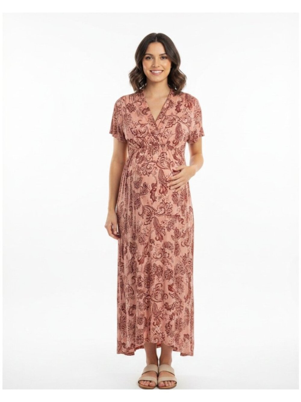 Isabel Maternity Coral Floral Print Ultrasoft Short Sleeve Maxi Long Dress Sz XL
